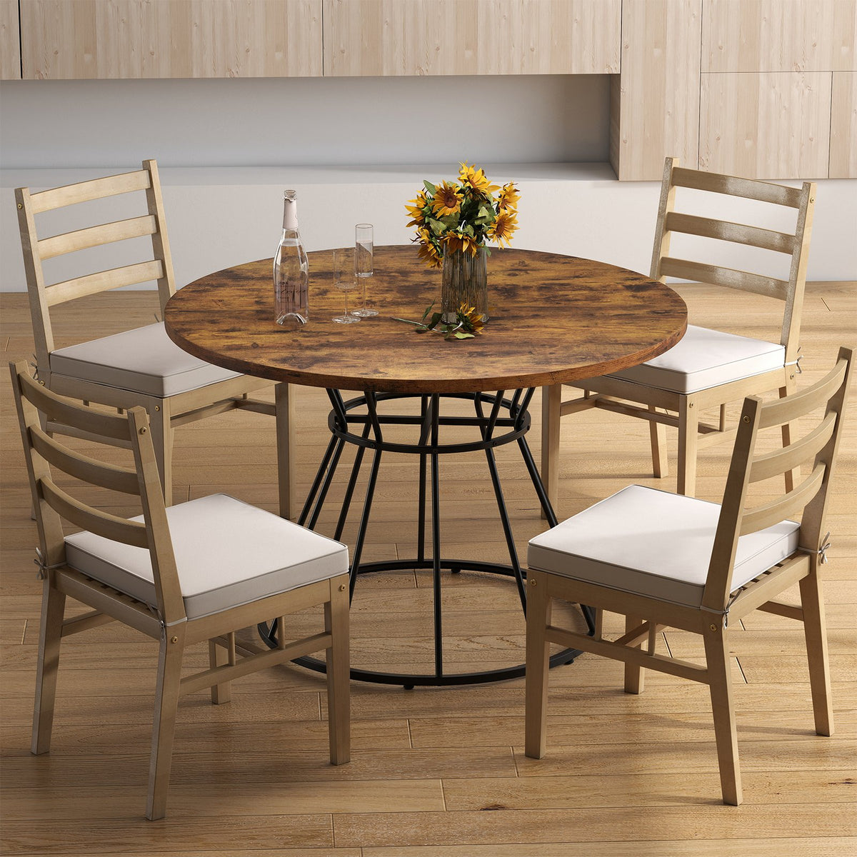 47 Inches Round Dining Table for 4 Farmhouse Kitchen Table with Wooden Tabletop-Brown view 7