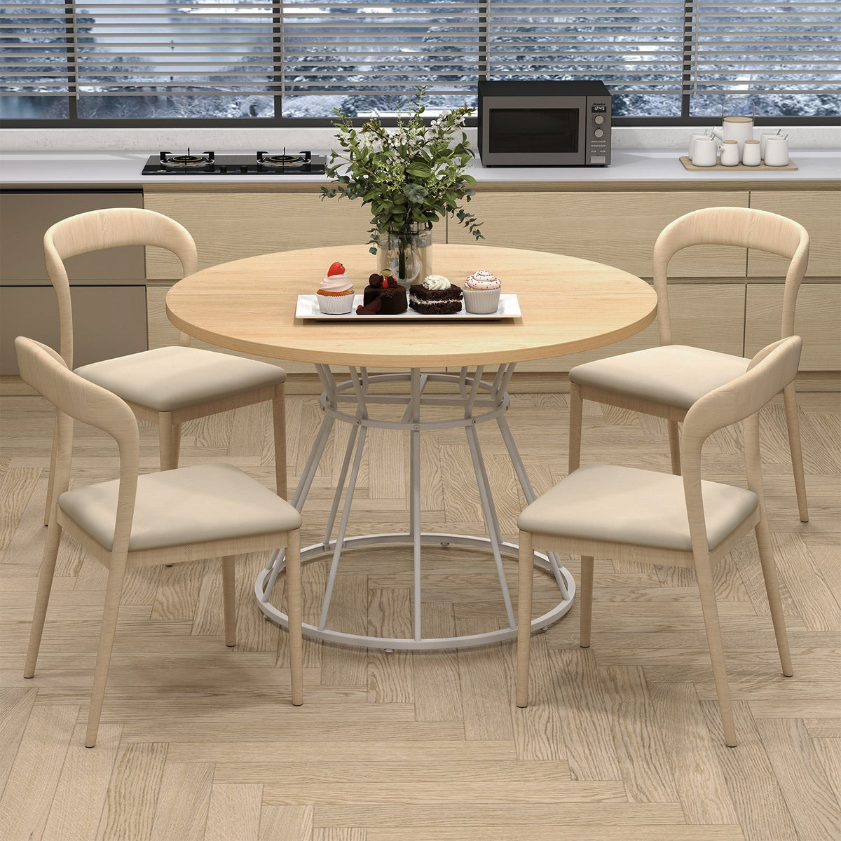 47 Inches Round Dining Table for 4 Farmhouse Kitchen Table with Wooden Tabletop-Natural view 3