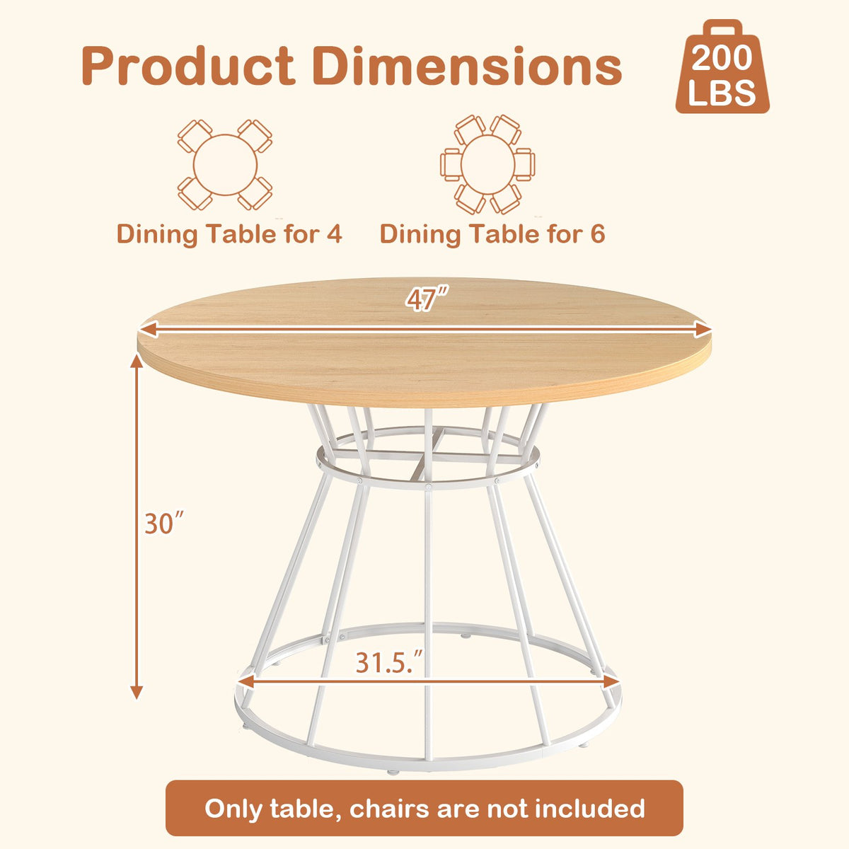 47 Inches Round Dining Table for 4 Farmhouse Kitchen Table with Wooden Tabletop-Natural view 5