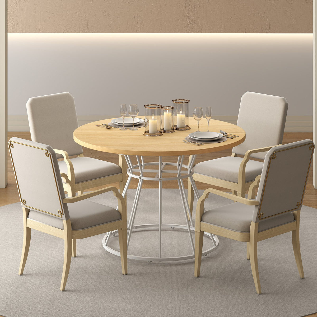 47 Inches Round Dining Table for 4 Farmhouse Kitchen Table with Wooden Tabletop-Natural view 7