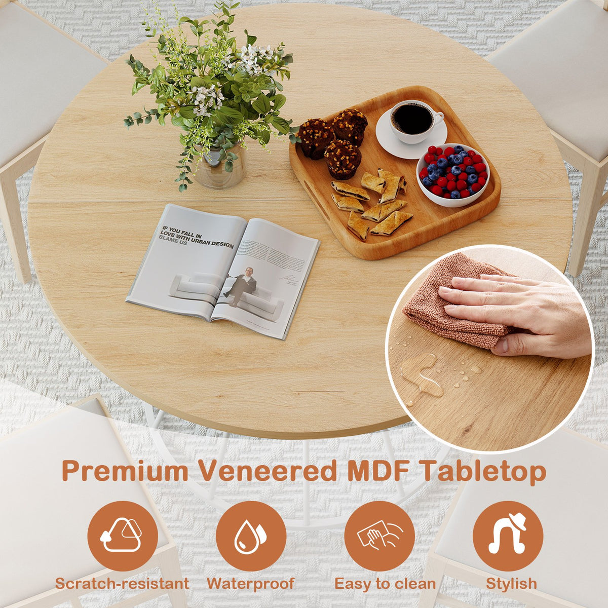 47 Inches Round Dining Table for 4 Farmhouse Kitchen Table with Wooden Tabletop-Natural view 8