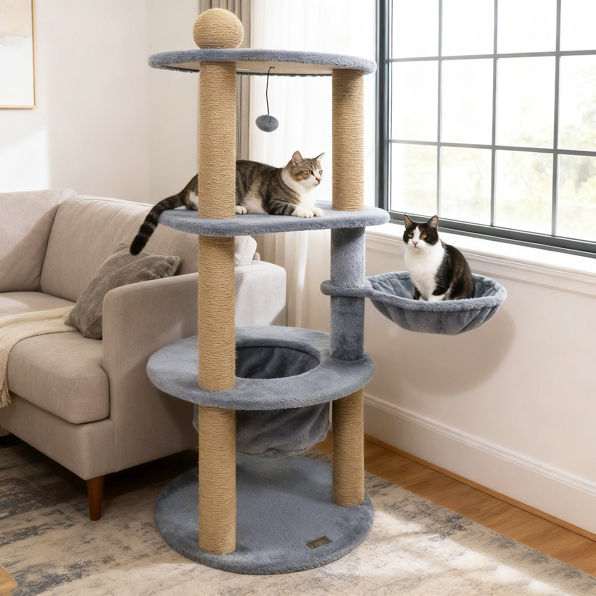 47 Inches Tall Cat Tower with Cat Nest and Scratching Posts-Gray view 2