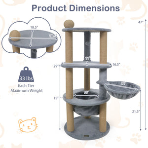 47 Inches Tall Cat Tower with Cat Nest and Scratching Posts-Gray view 5