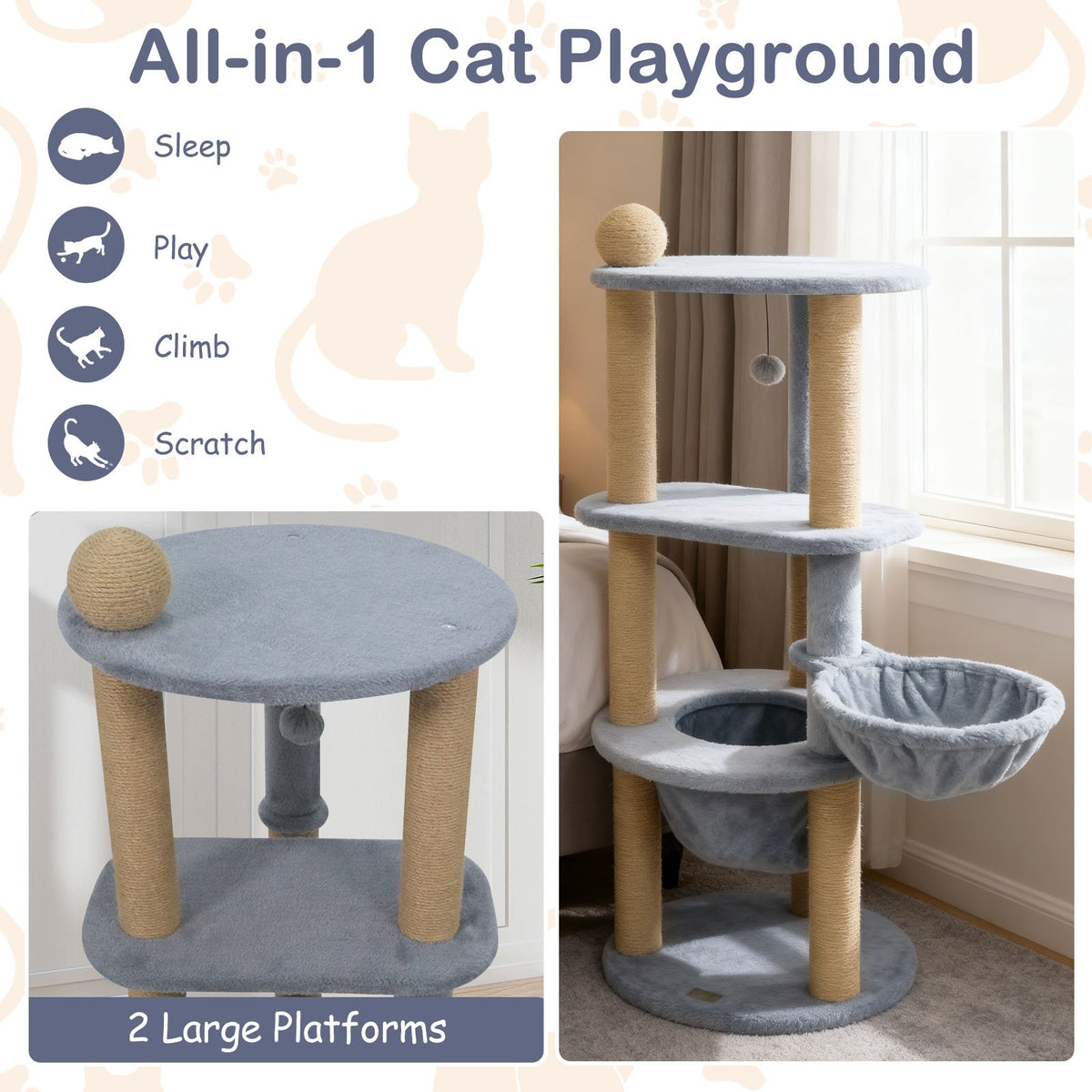 47 Inches Tall Cat Tower with Cat Nest and Scratching Posts-Gray view 9