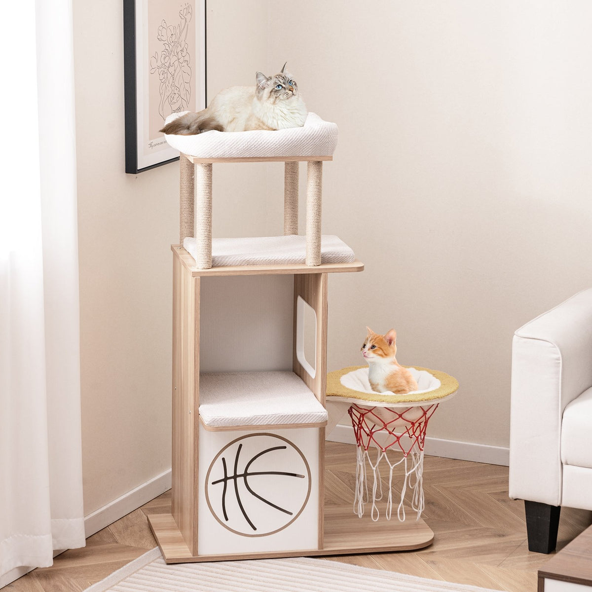 47 Inches Wooden Cat Tree with 2-Story Cat Condo and Basketball Hoop Hammock-Natural view 2
