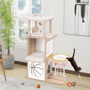 47 Inches Wooden Cat Tree with 2-Story Cat Condo and Basketball Hoop Hammock-Natural view 3