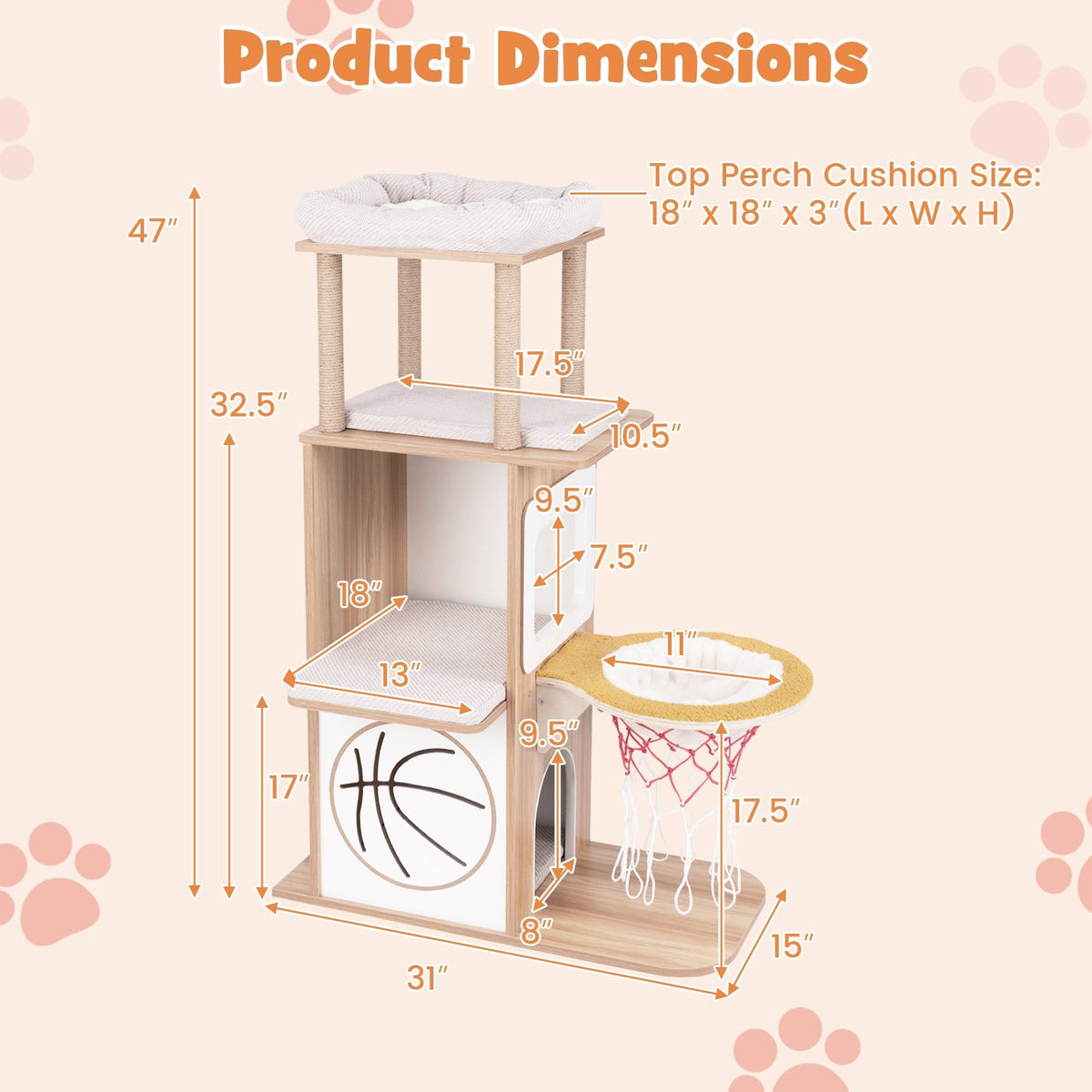 47 Inches Wooden Cat Tree with 2-Story Cat Condo and Basketball Hoop Hammock-Natural view 4