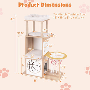 47 Inches Wooden Cat Tree with 2-Story Cat Condo and Basketball Hoop Hammock-Natural view 4
