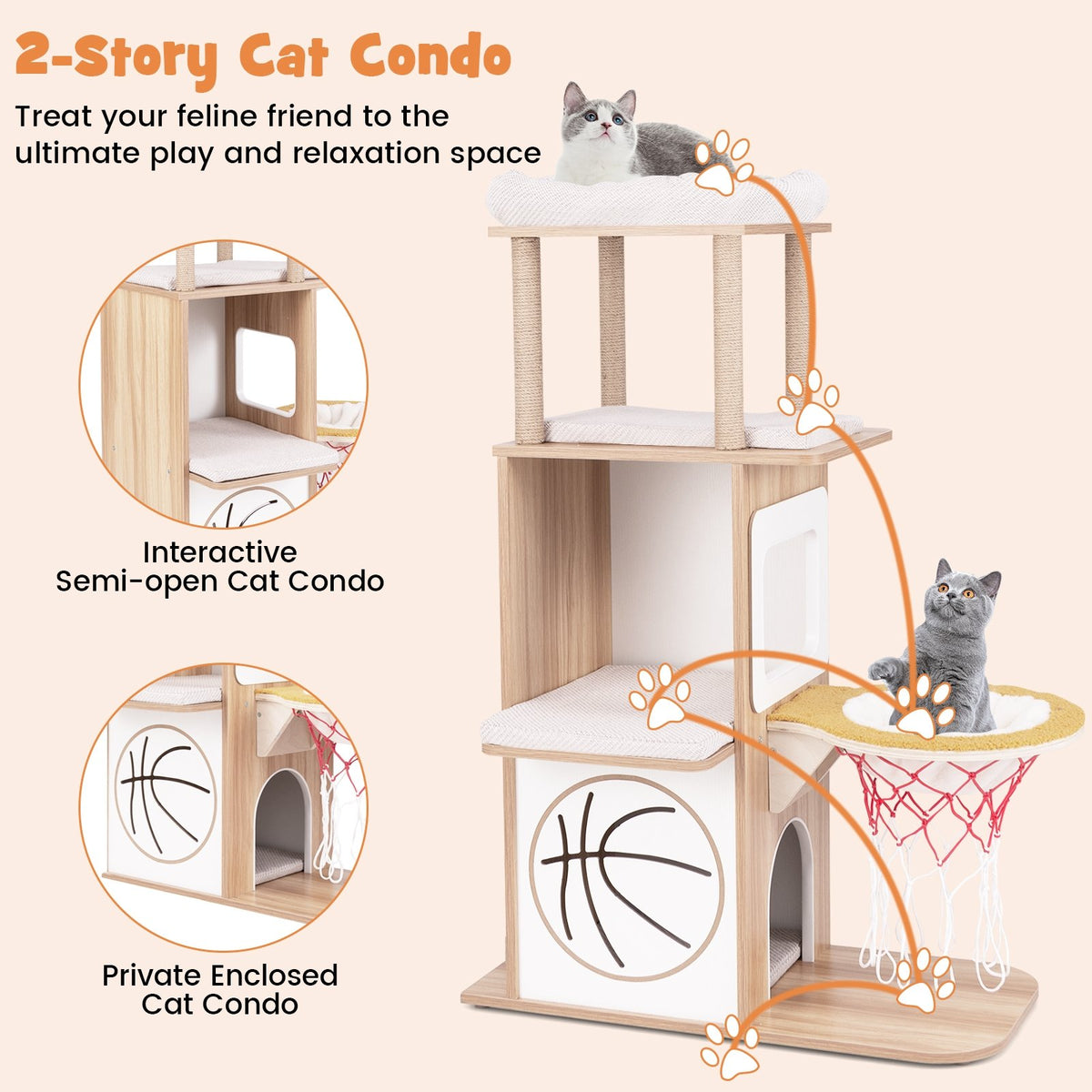 47 Inches Wooden Cat Tree with 2-Story Cat Condo and Basketball Hoop Hammock-Natural view 5