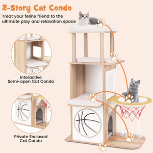 47 Inches Wooden Cat Tree with 2-Story Cat Condo and Basketball Hoop Hammock-Natural view 5