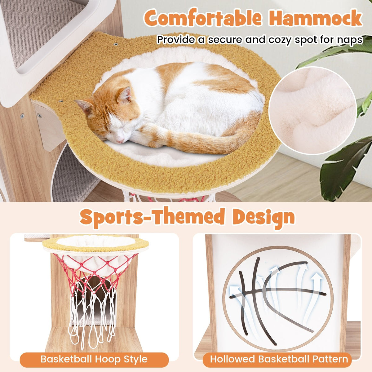 47 Inches Wooden Cat Tree with 2-Story Cat Condo and Basketball Hoop Hammock-Natural view 7