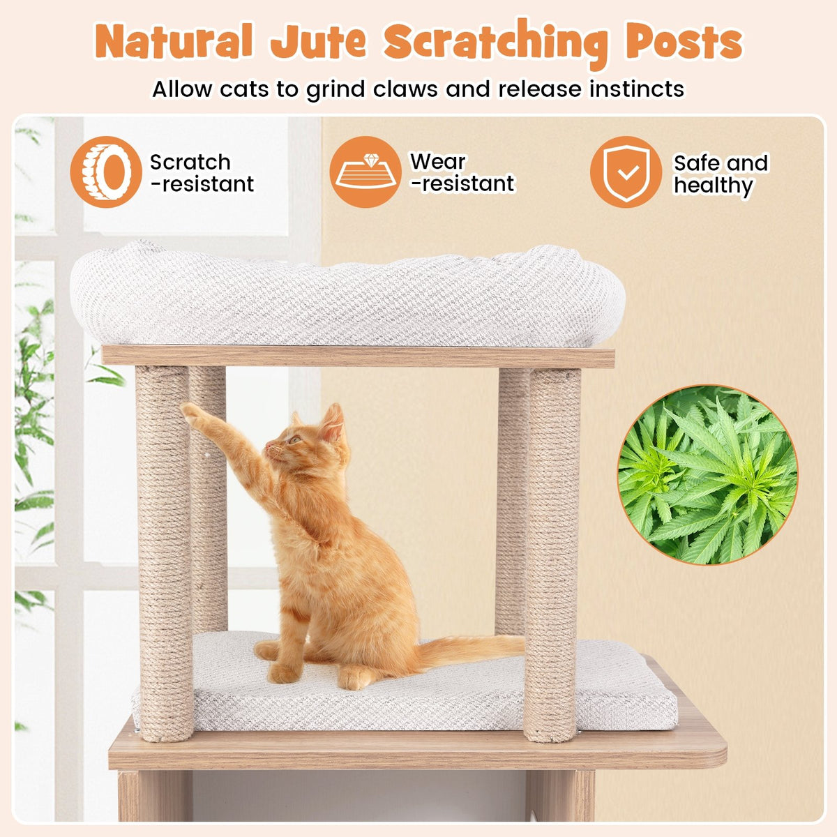 47 Inches Wooden Cat Tree with 2-Story Cat Condo and Basketball Hoop Hammock-Natural view 8