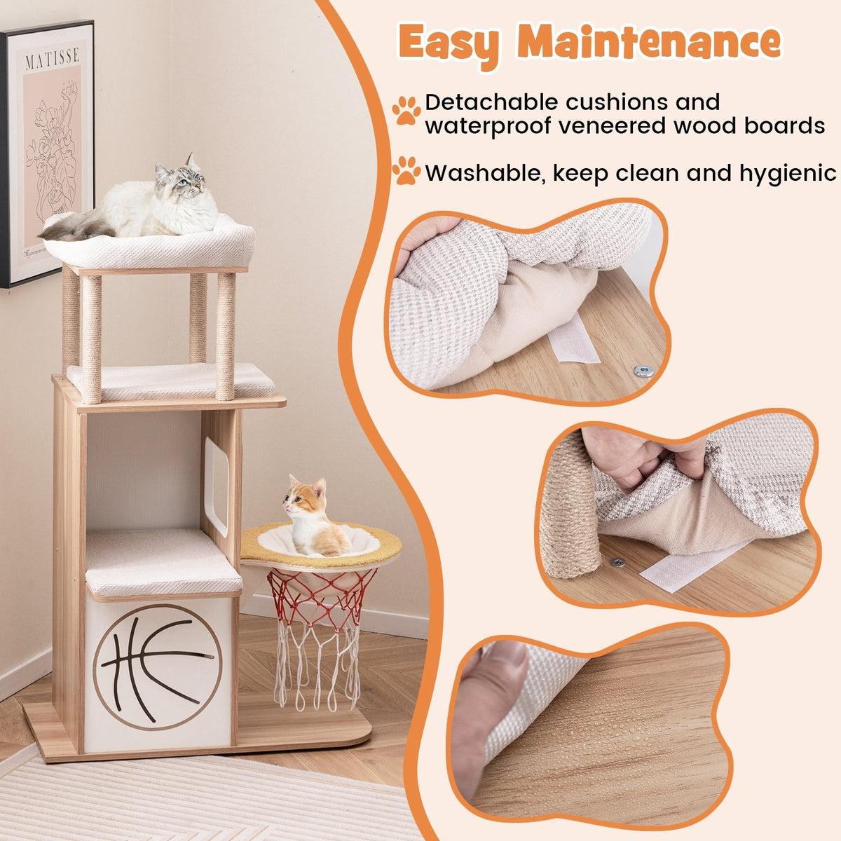 47 Inches Wooden Cat Tree with 2-Story Cat Condo and Basketball Hoop Hammock-Natural view 9