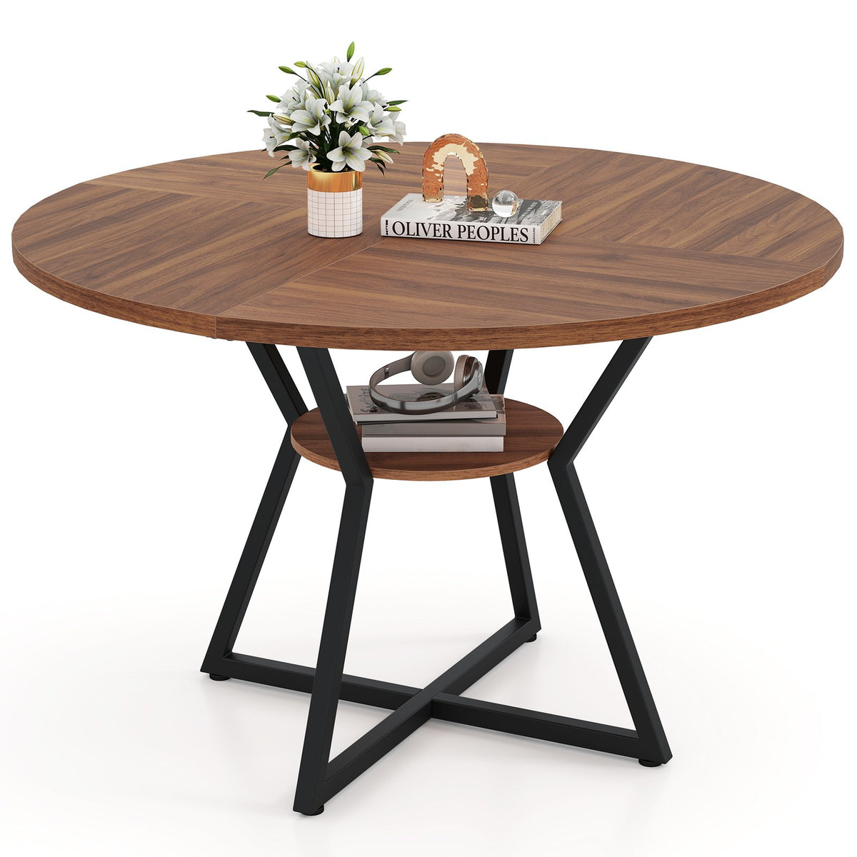 47 inches Round Dining Table for 4 with Storage Shelf-Brown