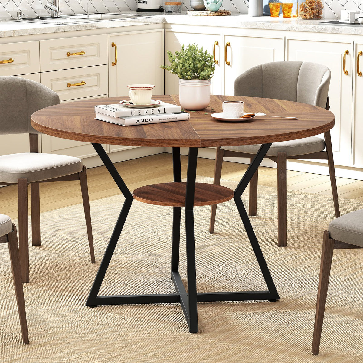 47 inches Round Dining Table for 4 with Storage Shelf-Brown view 2