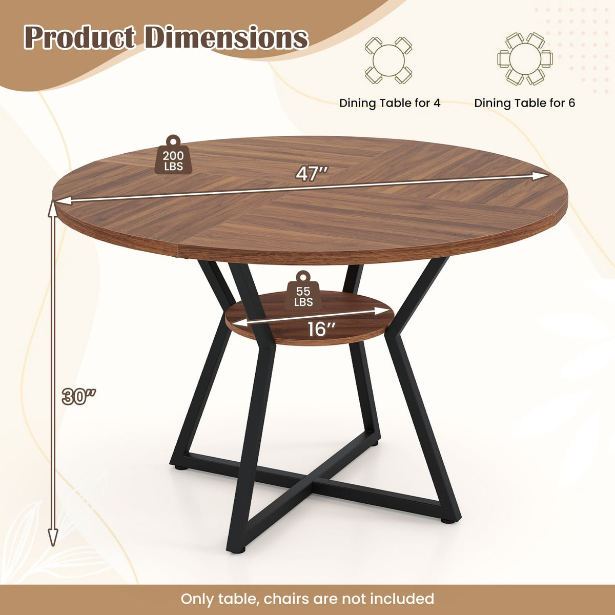 47 inches Round Dining Table for 4 with Storage Shelf-Brown view 5