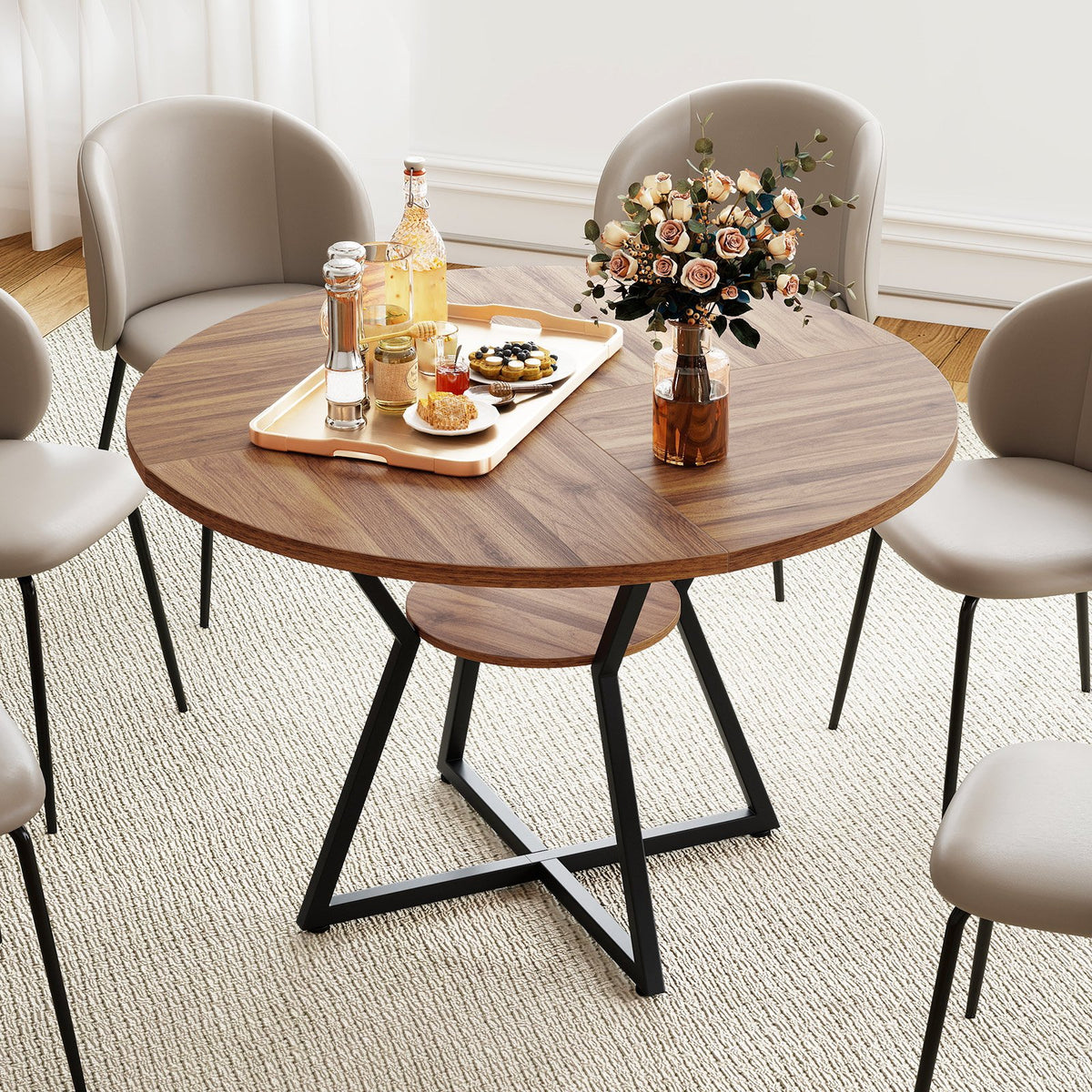 47 inches Round Dining Table for 4 with Storage Shelf-Brown view 6