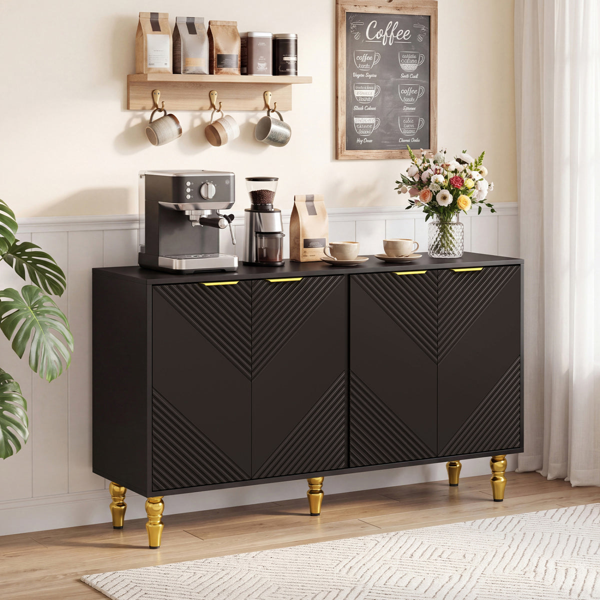 47 inches Sideboard Buffet Cabinet with 4 Chevron Fluted Doors & Anti-Toppling Devices for Kitchen-Black view 2
