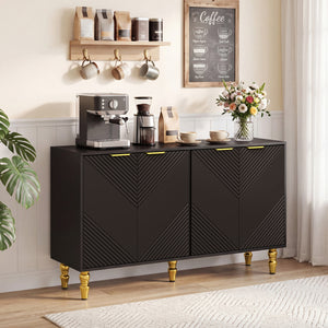 47 inches Sideboard Buffet Cabinet with 4 Chevron Fluted Doors & Anti-Toppling Devices for Kitchen-Black view 2