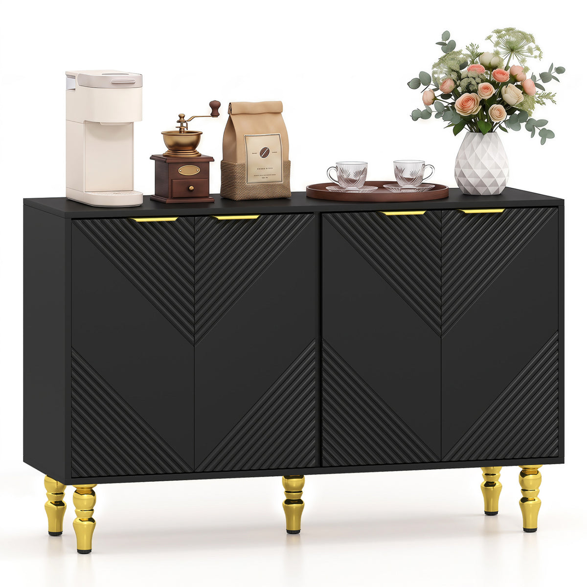 47 inches Sideboard Buffet Cabinet with 4 Chevron Fluted Doors & Anti-Toppling Devices for Kitchen-Black view 4