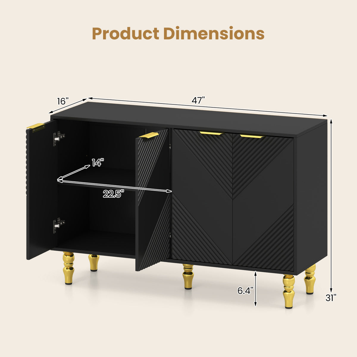 47 inches Sideboard Buffet Cabinet with 4 Chevron Fluted Doors & Anti-Toppling Devices for Kitchen-Black view 5