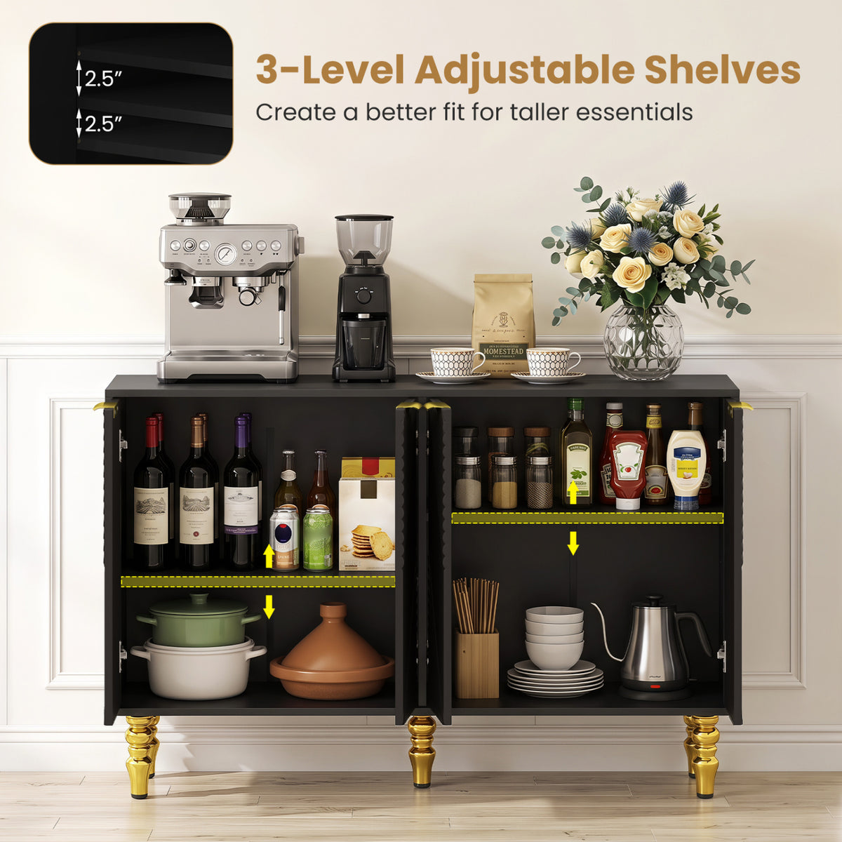 47 inches Sideboard Buffet Cabinet with 4 Chevron Fluted Doors & Anti-Toppling Devices for Kitchen-Black view 6