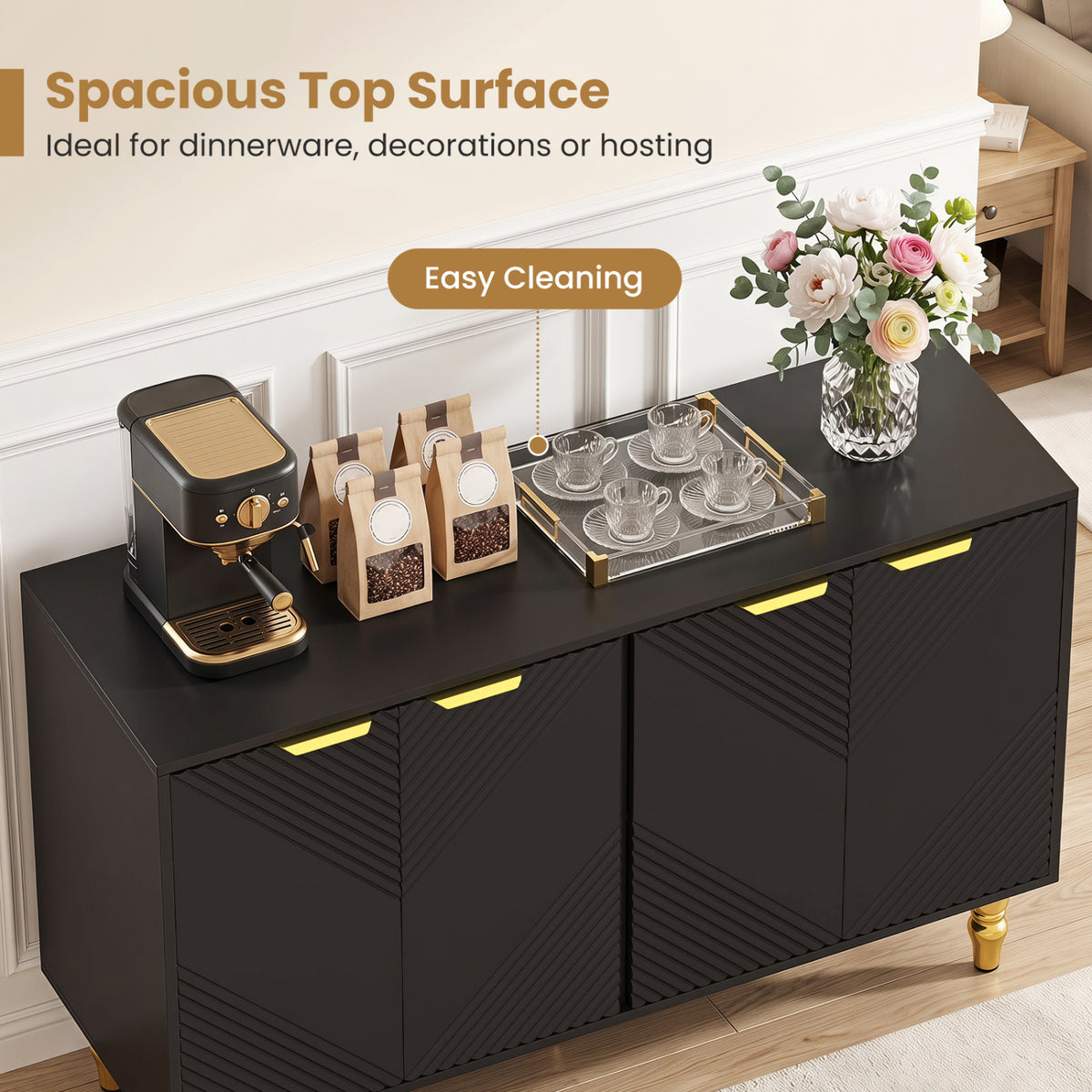 47 inches Sideboard Buffet Cabinet with 4 Chevron Fluted Doors & Anti-Toppling Devices for Kitchen-Black view 7