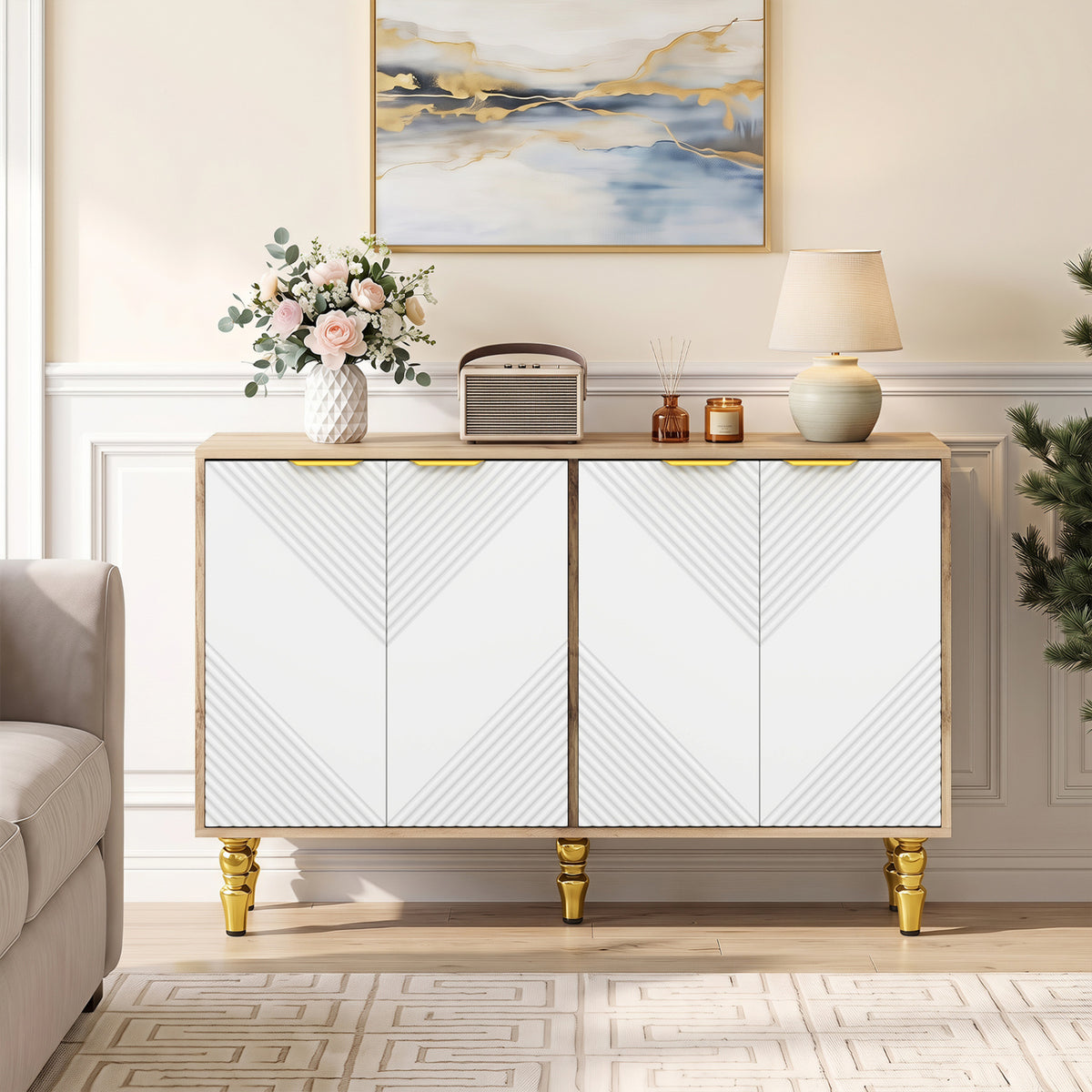 47 inches Sideboard Buffet Cabinet with 4 Chevron Fluted Doors & Anti-Toppling Devices for Kitchen-Natural view 3