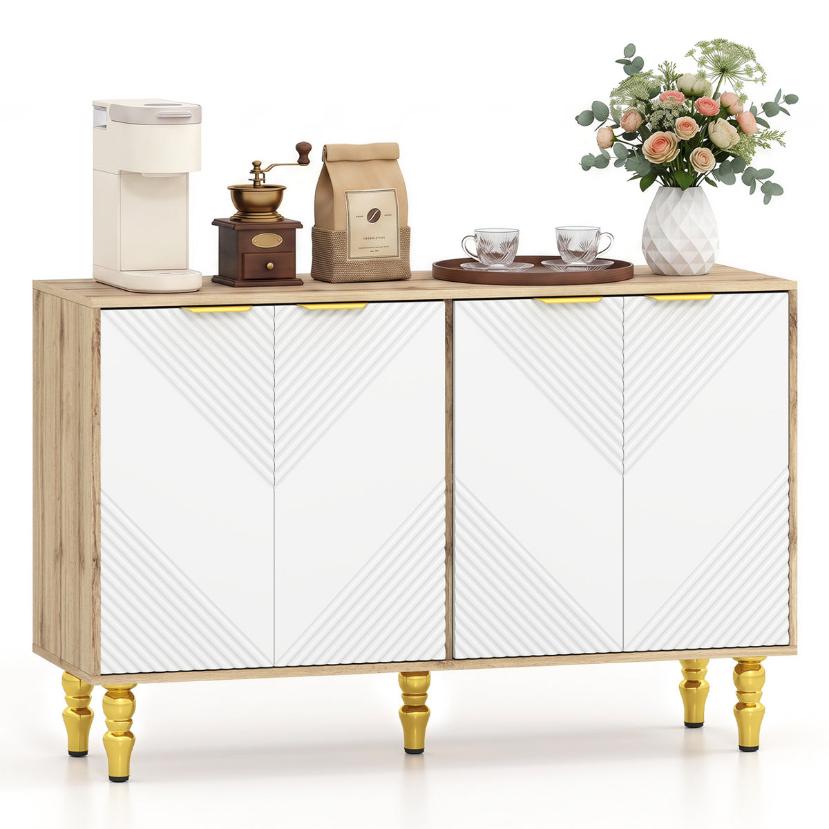 47 inches Sideboard Buffet Cabinet with 4 Chevron Fluted Doors & Anti-Toppling Devices for Kitchen-Natural view 4