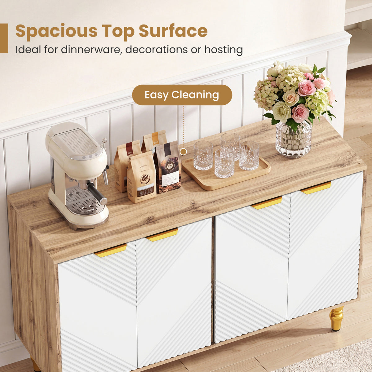 47 inches Sideboard Buffet Cabinet with 4 Chevron Fluted Doors & Anti-Toppling Devices for Kitchen-Natural view 7