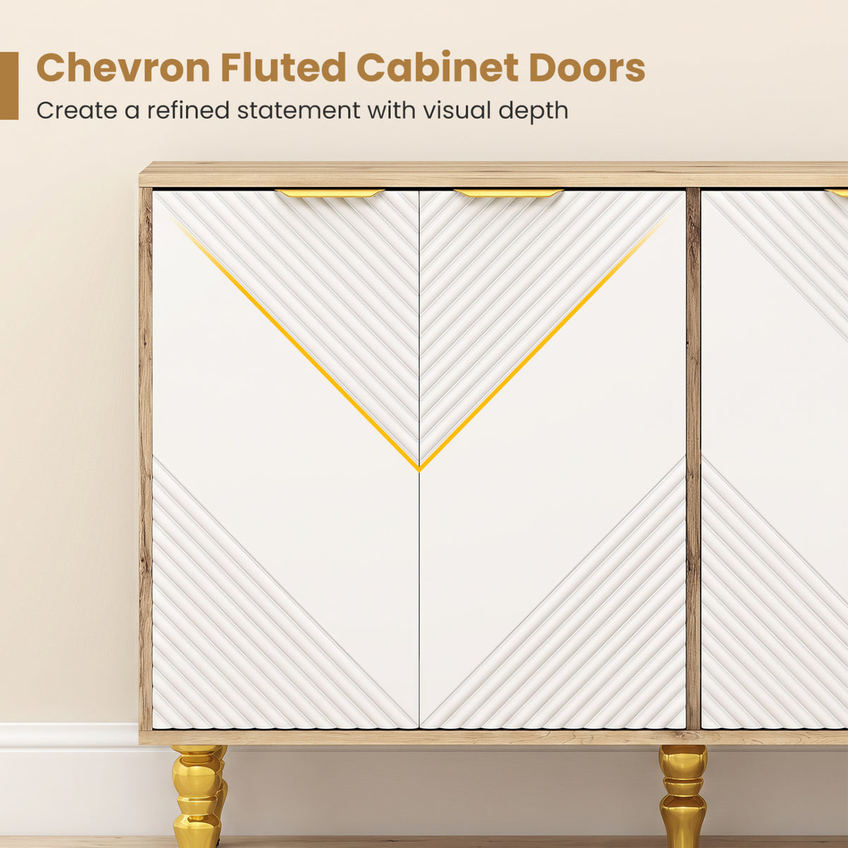 47 inches Sideboard Buffet Cabinet with 4 Chevron Fluted Doors & Anti-Toppling Devices for Kitchen-Natural view 9