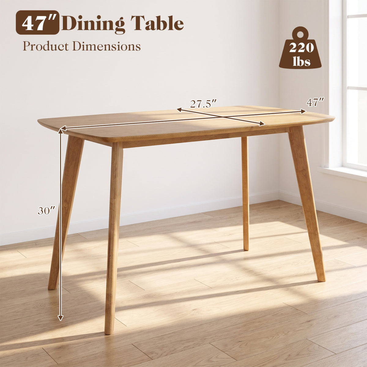 47 inches Solid Wood Dining Table for 4 People with Rounded Edges-Natural view 5