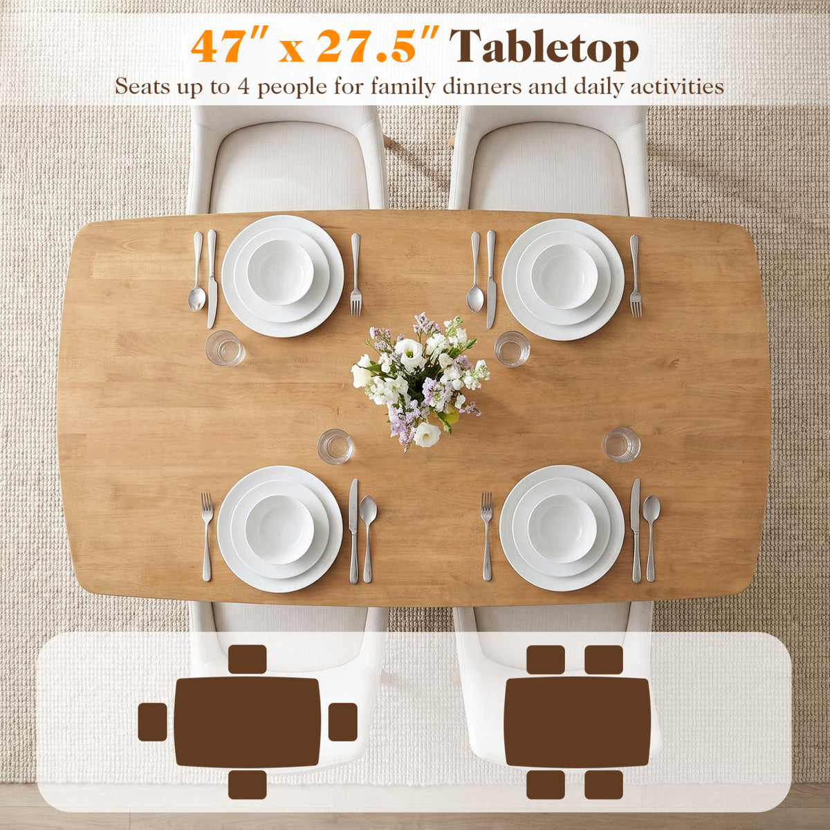 47 inches Solid Wood Dining Table for 4 People with Rounded Edges-Natural view 7