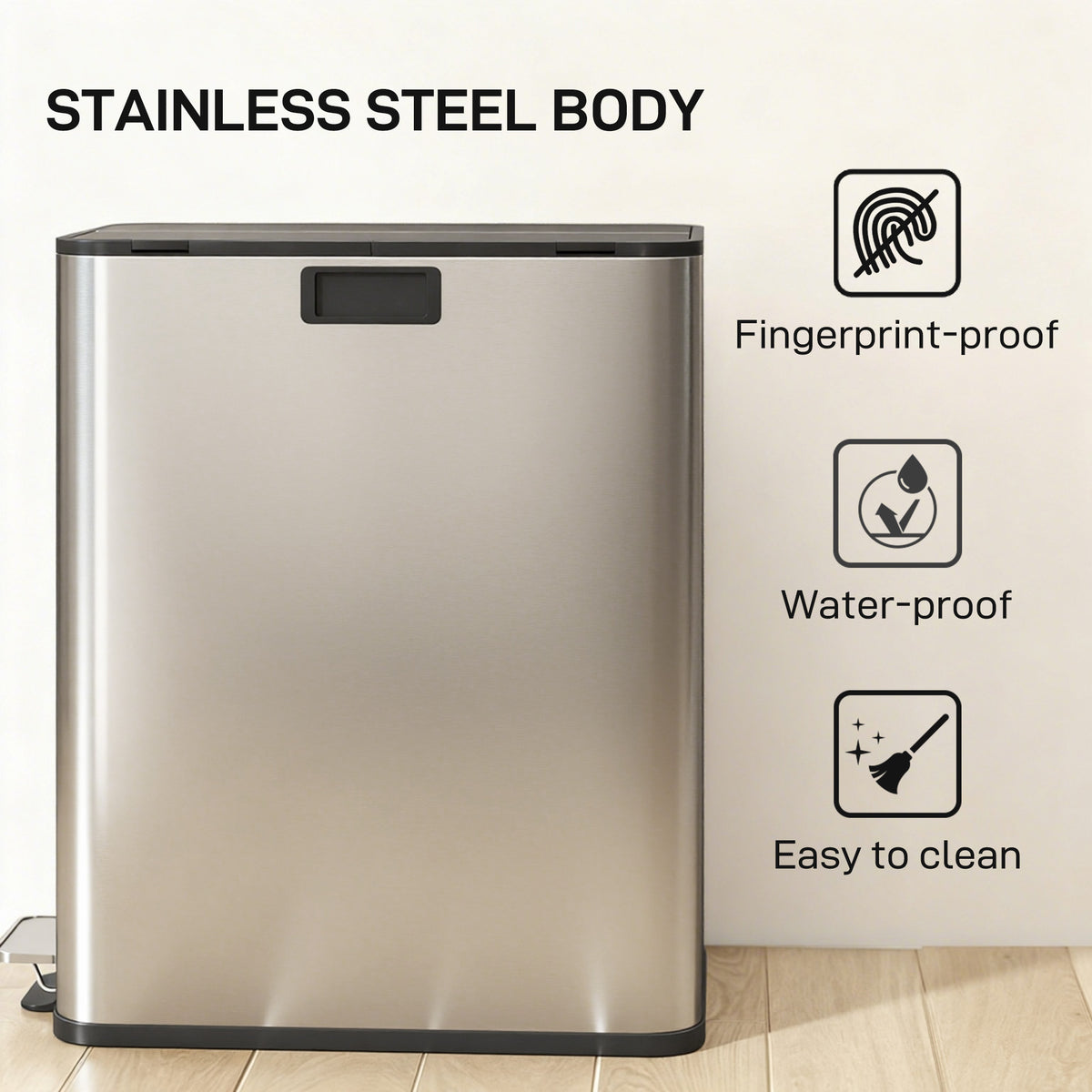 Dual Trash Can with Soft-Close Lid, Garbage Can with Removable Inner Bucket for Kitchen 2 x 7.4 Gal (2 x 28 L), Silver