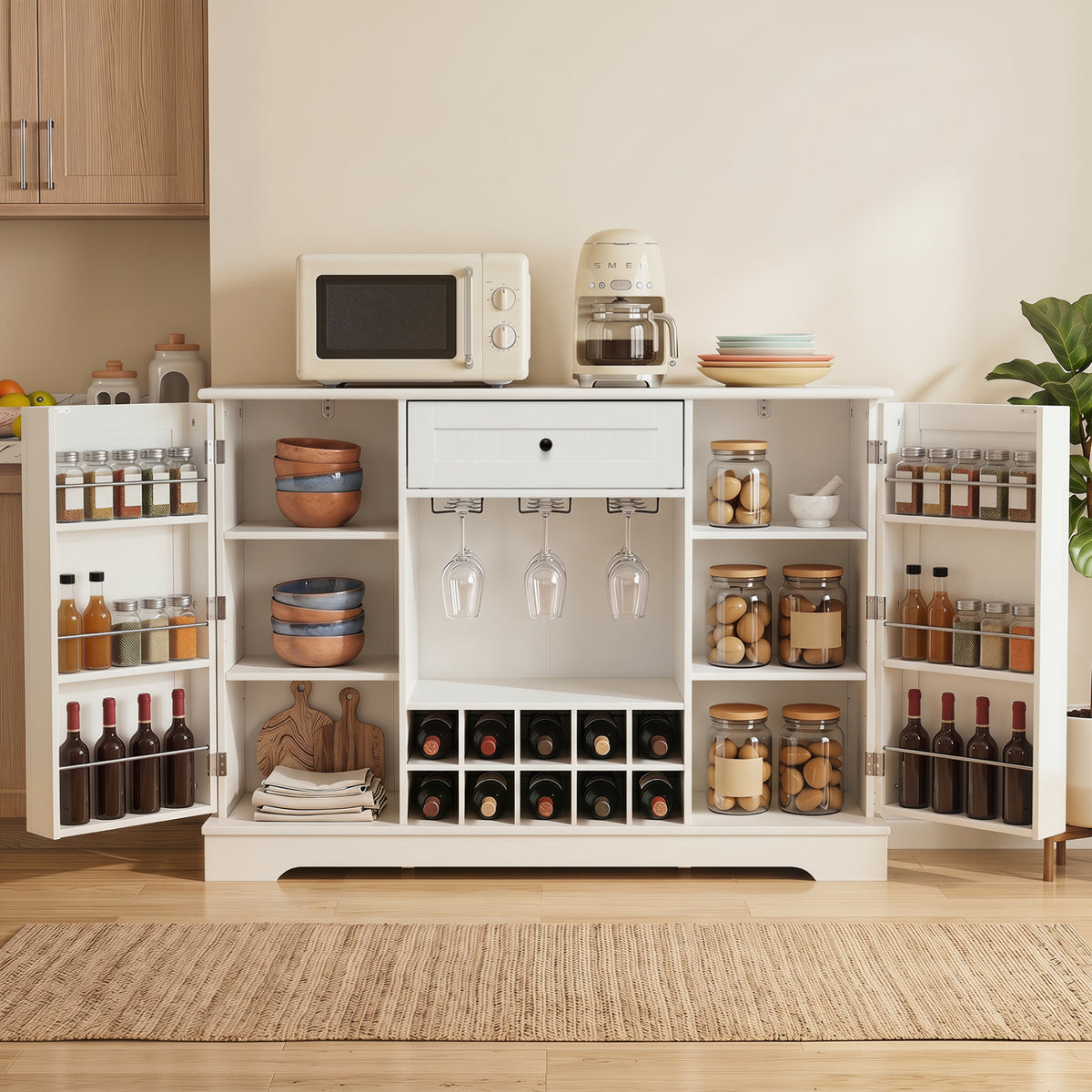 47.2 Inch Sideboard Cabinet with Door Shelves and 10-Bottle Wine Rack-White view 2