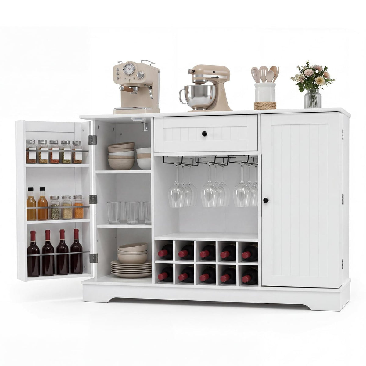 47.2 Inch Sideboard Cabinet with Door Shelves and 10-Bottle Wine Rack-White view 4