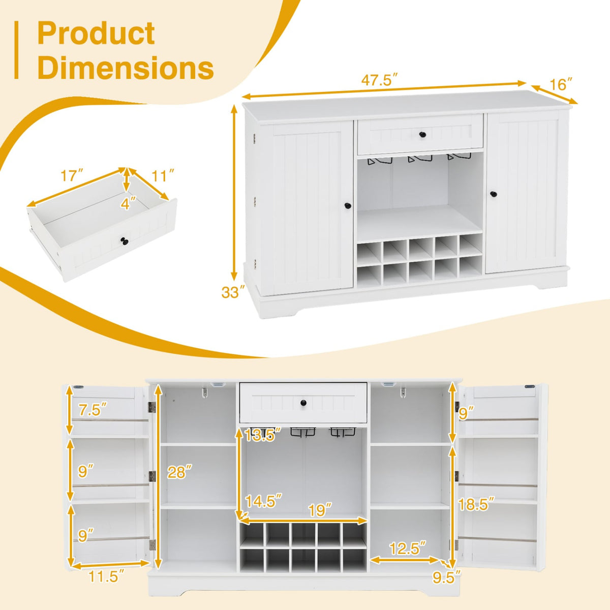 47.2 Inch Sideboard Cabinet with Door Shelves and 10-Bottle Wine Rack-White view 5