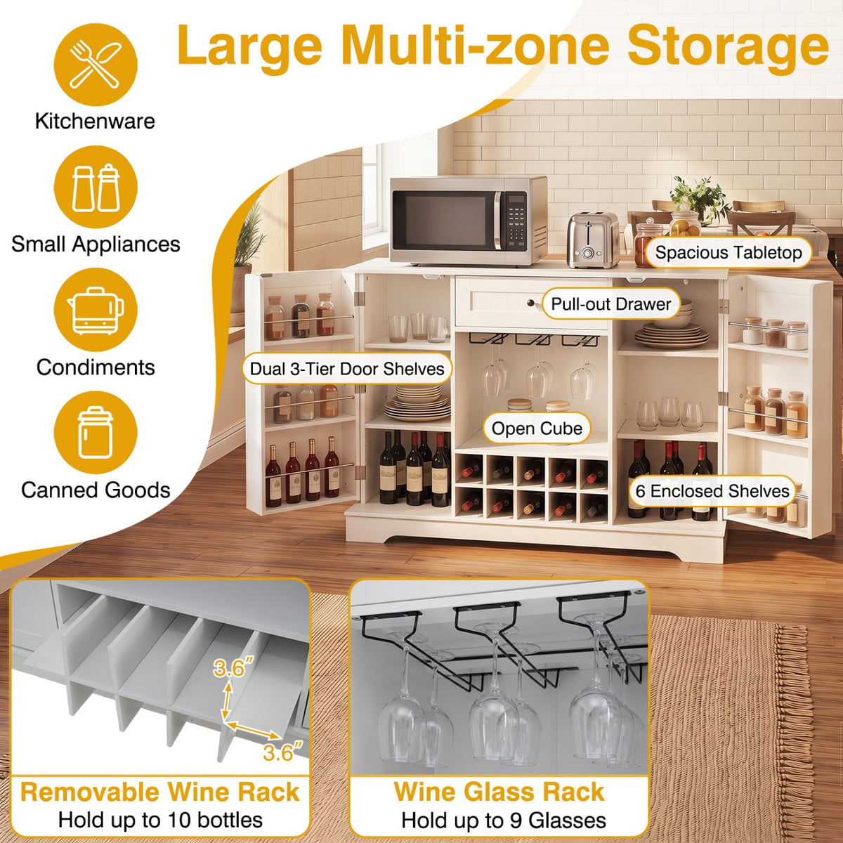 47.2 Inch Sideboard Cabinet with Door Shelves and 10-Bottle Wine Rack-White view 6