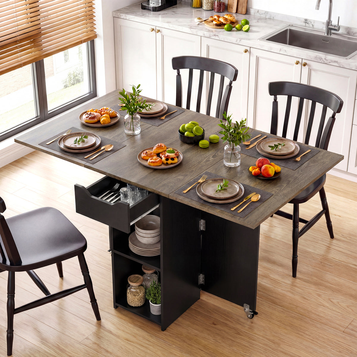 47.5 Inch Farmhouse Extendable Wooden Dinner Table with Lockable Wheels-Oak view 2