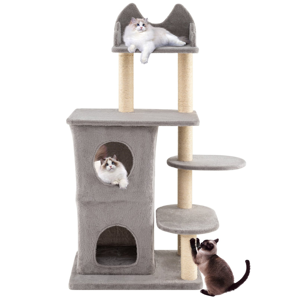 48.5 inch Cat Tree with 2-story Condo and 3 Hideaway Caves for Large Cats-Gray view 4