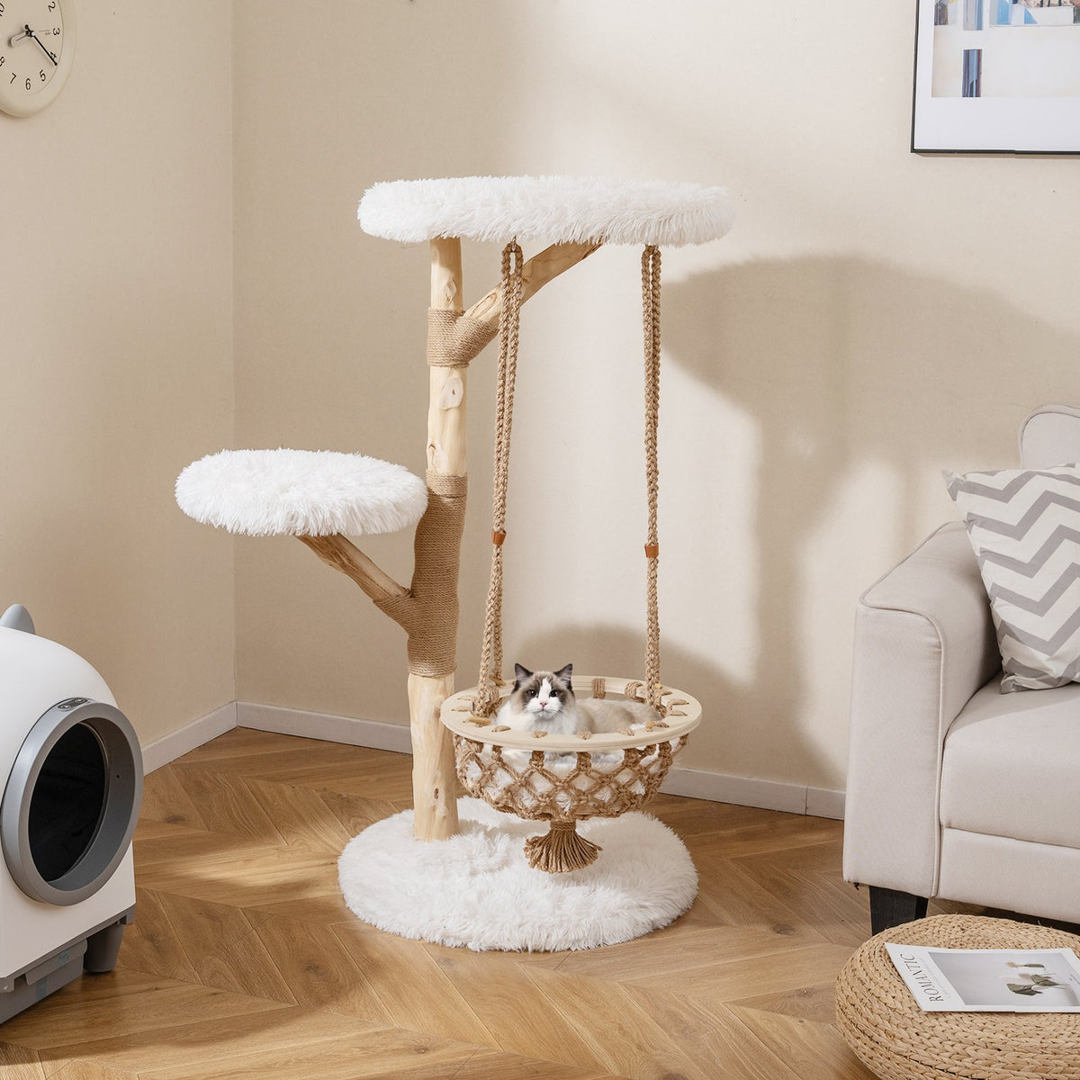 48.5 Inch Solid Wood Cat Tree with Hanging Cradle and Jute Scratching Post-White view 2