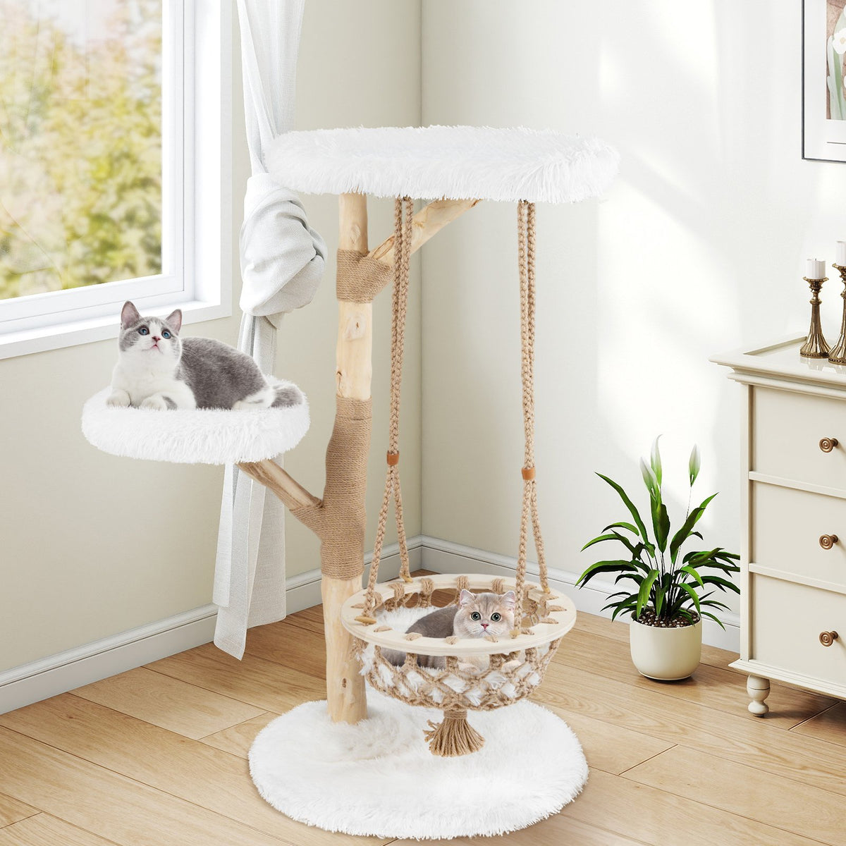 48.5 Inch Solid Wood Cat Tree with Hanging Cradle and Jute Scratching Post-White view 3