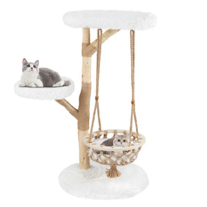 48.5 Inch Solid Wood Cat Tree with Hanging Cradle and Jute Scratching Post-White view 4