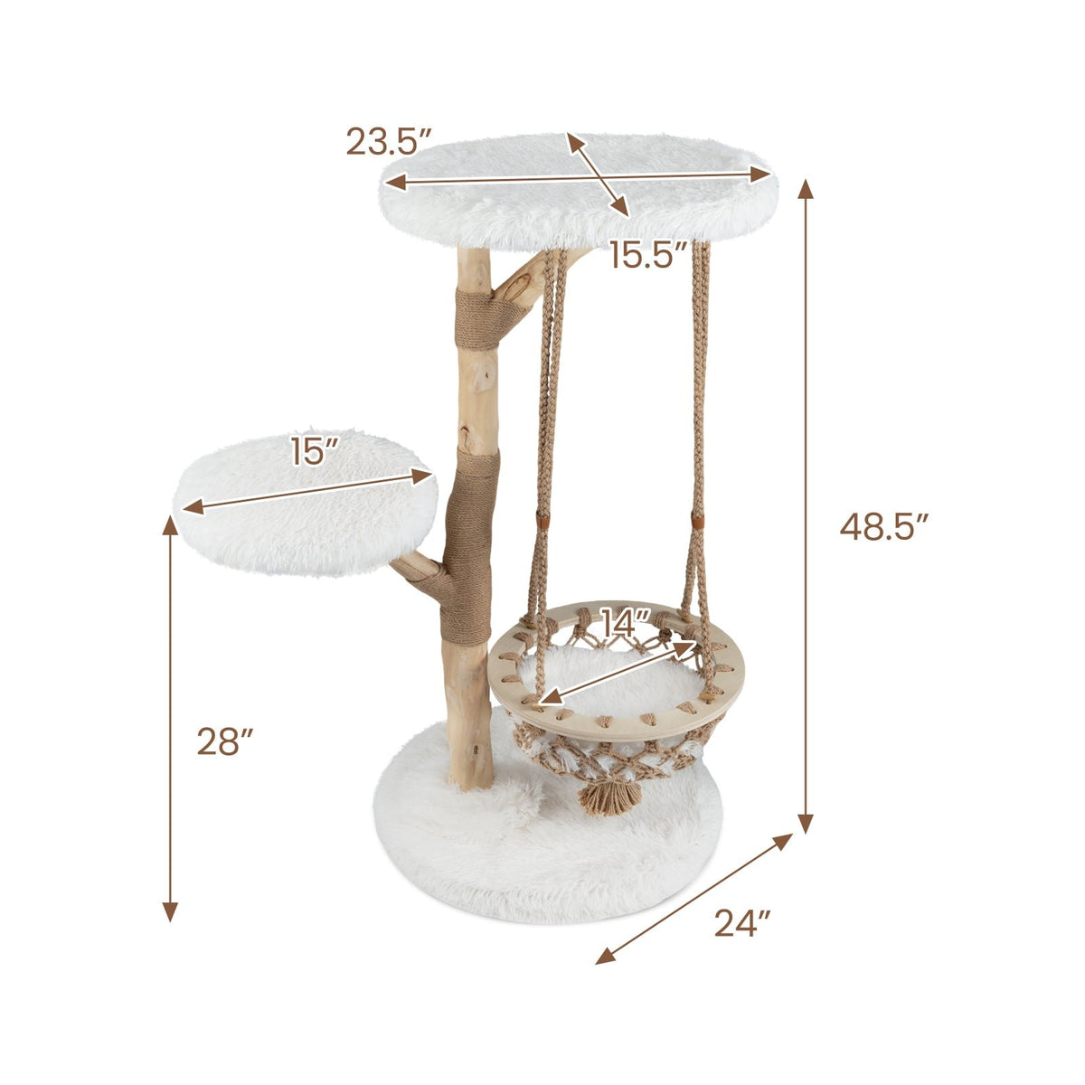 48.5 Inch Solid Wood Cat Tree with Hanging Cradle and Jute Scratching Post-White view 5