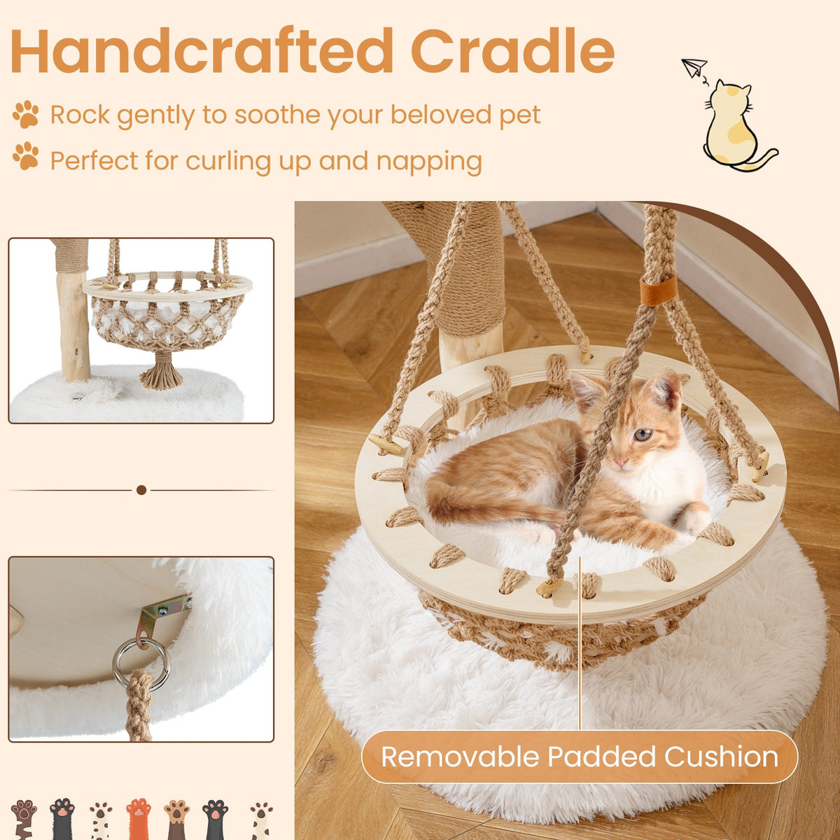 48.5 Inch Solid Wood Cat Tree with Hanging Cradle and Jute Scratching Post-White view 7