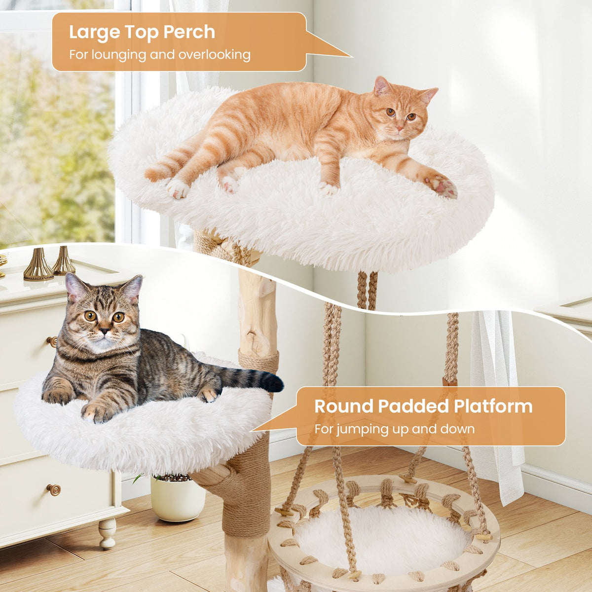 48.5 Inch Solid Wood Cat Tree with Hanging Cradle and Jute Scratching Post-White view 8