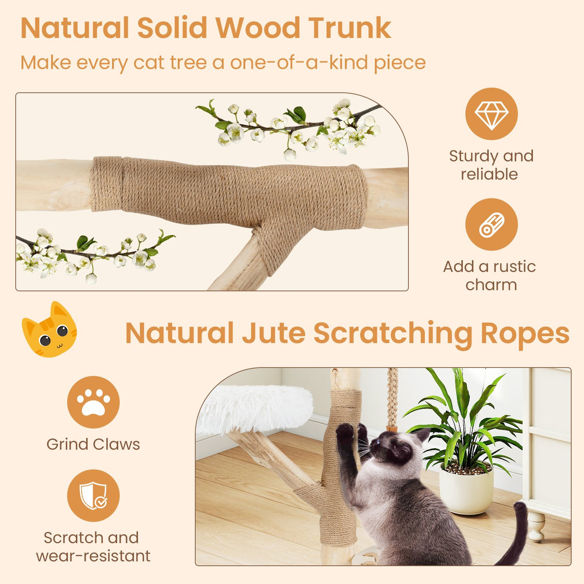 48.5 Inch Solid Wood Cat Tree with Hanging Cradle and Jute Scratching Post-White view 9