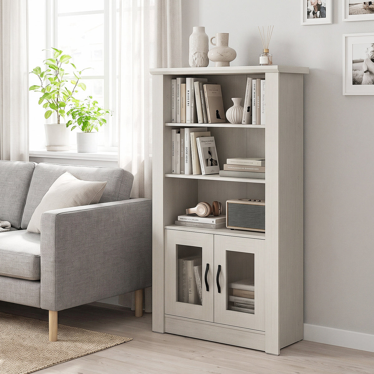 48.5 inches Modern Bookcase 4-Tier with 2 Translucent Fluted Doors and Anti-Tipping Kits-White view 2