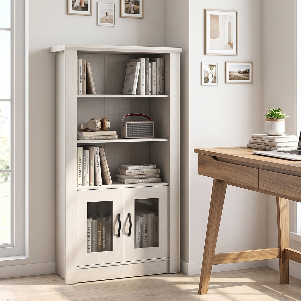 48.5 inches Modern Bookcase 4-Tier with 2 Translucent Fluted Doors and Anti-Tipping Kits-White view 3