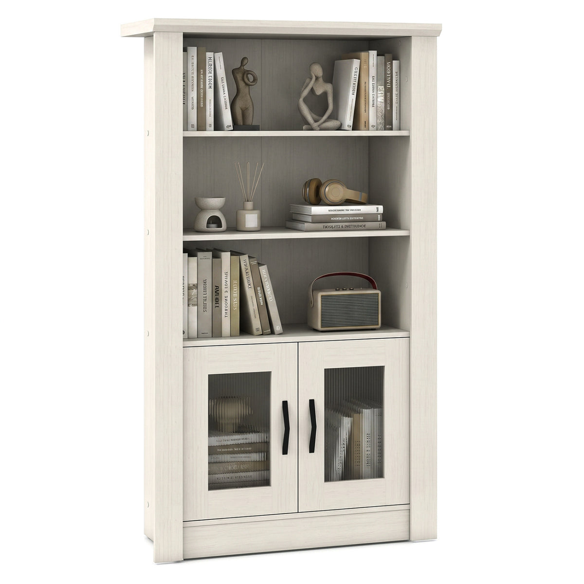 48.5 inches Modern Bookcase 4-Tier with 2 Translucent Fluted Doors and Anti-Tipping Kits-White view 4